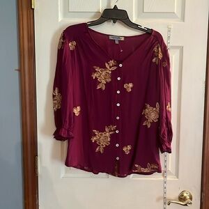 NWT-Figueroa& flower-S-purple-Floral embroidered, 3/4 sleeve top/blouse/shirt.